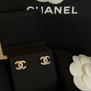Chanel Mini CC Logo Earrings - Gold and Rhinestones Stud Earrings